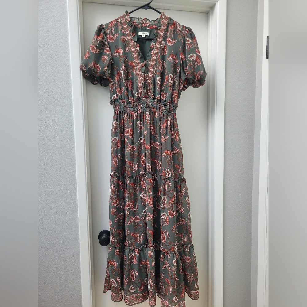 Max Studio Green and Red Puff Sleeve Sundress